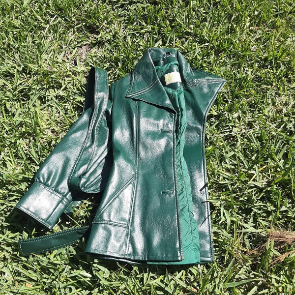 70s Mod Maid Green Vegan Leather Jacket Preppy Casual Womens Wear, Judy Grapes Lined Tailored Fitted Trench Coat Petite Small, Twiggy Blazer