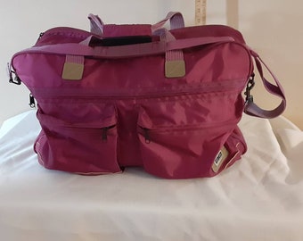 1980s Nylon Combo Suitcase Duffel Bag, Magenta Amelia Earhart Luggage, Shoulder Strap, Pockets, Lightweight Carry On, Opens at Top &  Flat