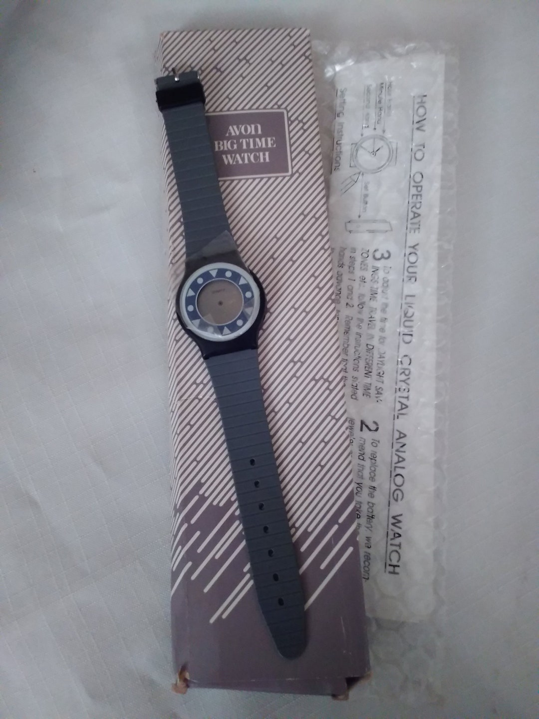 New 1989 Avon Big Time Swatch Watch, New in Box, Liquid Crystal Analog Wrist Watch, Grey Band