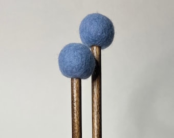 Soft Tongue Drum Mallets, Felted Wool Tank Drum Sticks, Brown Stain Birch with Soft Wool Ball - Periwinkle Baby Blue - 9.25" (1 Pair)