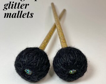 Mazos para tambor de lengua con purpurina + diamantes de imitación AB / Serie Premium / Tambor de tanque Regalo para músicos / Oro / Abedul, madera + núcleo de látex, resina, purpurina