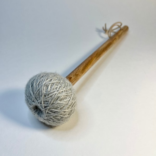 Gong Mallet Small | Light Gray Wool Yarn | Natural Oak Handle Stick with Suede Strap - 12.5" (1 Single Mallet)