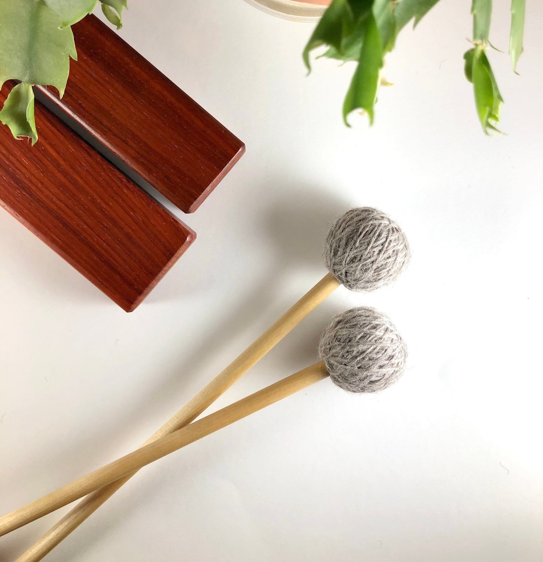 Marimba Mallets Medium Hard Beige Light Tan Wool Birch Handles, Rubber