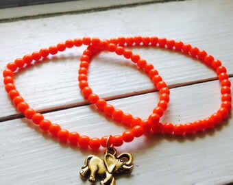 Orange Beaded Bracelets with Elephant Charm