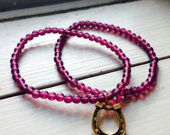 Purple Beaded Bracelets with Horseshoe Charm