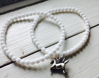 White Beaded Bracelets with Pegasus Charm