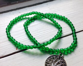 Green Beaded Bracelets with Tree Charm