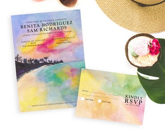 Sunset Beach Wedding Invitation, Watercolor Wedding, Destination wedding Invitation in Puerto Rico, Beach Wedding invitation, Sunset wedding