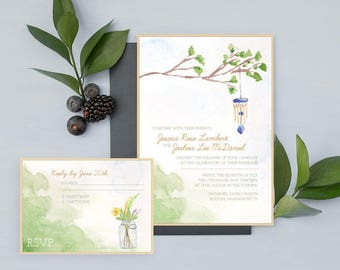 Backyard Charm Wedding Invitation, Watercolor Wedding Invitation, Backyard wedding invitation, Rustic wedding invitation, Woodsy wedding