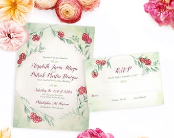 Rose Vine Wedding Invitation, Watercolor Wedding Invitation, Woodsy Wedding, Rustic Floral wedding invitation, Garden wedding invite