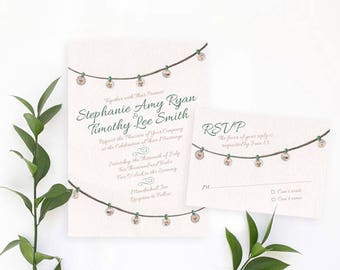 String Lights Wedding Invitation, Watercolor Wedding Invitation, Rustic Invitation, Backyard wedding invitation, Casual wedding invitation