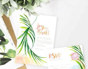 Tropical Wedding Invitation, Watercolor Wedding Invitation, Watercolor Invitation, Destination wedding invitation, Palm leaf wedding, Island