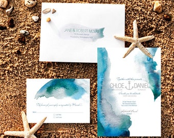 Modern Beach Wedding Invitation, Watercolor Wedding Invitation, Tropical wedding invitation, Destination wedding invitation, Beach Wedding