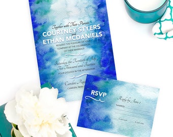 Water Ripples Wedding Invitation, Watercolor Wedding Invitation, Watercolor Invitation, Beach wedding invitation, Blue Ombre invitation