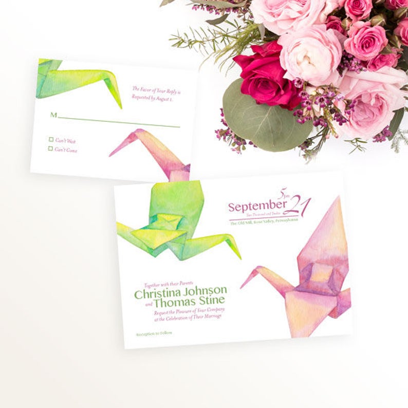 Origami Crane Wedding Invitation Watercolor Wedding Etsy