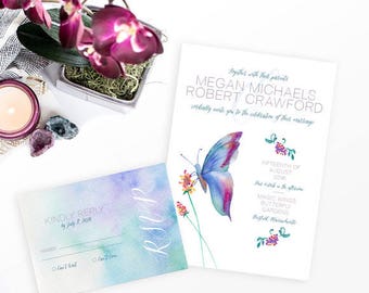Butterfly Wedding Invitation, Watercolor Wedding Invitation, Watercolor Invitation