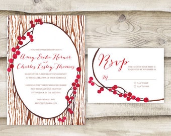 Winter Berry Wedding Invitation, Watercolor Wedding Invitation, Rustic woodsy wedding, Snow wedding invitation, Winter wedding invitation