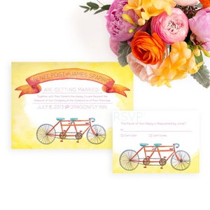 Tandem Bike Wedding Invitation, Watercolor Wedding Invitation, Watercolor Invitation, Bicycle wedding invitation, Joyful wedding invitation image 1