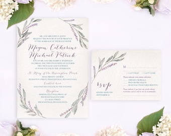 Lavender Wreath Wedding Invitation, Watercolor Wedding Invitation, Rustic wedding invitation, Backyard wedding invitation, Lovely wedding