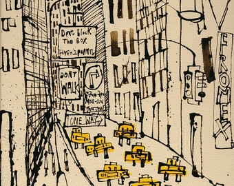 Impression Chrysler Building, tableau New York, taxis jaunes, art mural Manhattan, dessin de gratte-ciel à New York, croquis beige neutre, Clare Caulfield