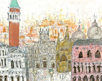 May include: A watercolor painting of a cityscape with a tall red tower, a large building with a clock, and a canal with gondolas. The painting is done in a loose, impressionistic style.