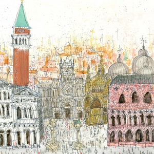 VENICE ART PRINT, The Campanile, Italy Wall Art, 11 x 14 Home Decor, San Marco Drawing, St Marks Venice, Watercolor Painting, Canal Sketch