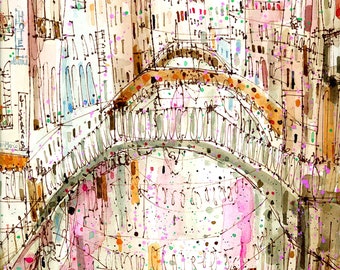 IMPRESSION D'ART DE VENISE, peinture de pont, impression d'art jet d'encre, dessin de Venise, Grand Canal Italie, croquis de gondoles, photo italienne, Clare Caulfield