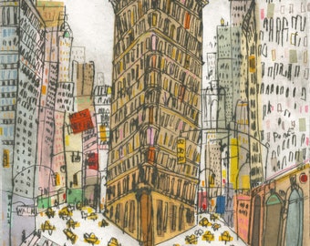 FLATIRON NEW YORK, impression jet d'encre affiche, taxis jaunes de New York, peinture à l'aquarelle, art mural Manhattan, Flatiron Building, croquis de la 5e Avenue