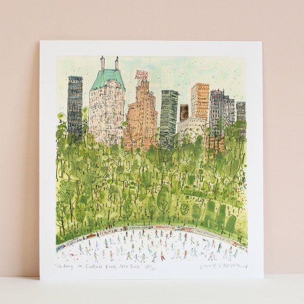 CENTRAL PARK NYC, Patinaje en Nueva York, Horizonte de Manhattan, Dibujo de Essex House, Pintura en acuarela, Edición limitada, Impresión giclée firmada
