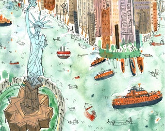 イーストリバーの絵画、ニューヨークの水彩画、ブルックリン橋