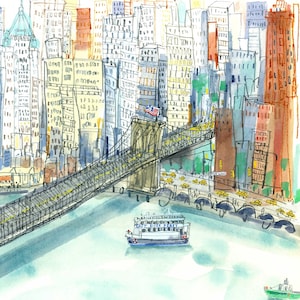 EAST RIVER Painting, New York Watercolour, Brooklyn Bridge NYC, Ferry Drawing, Giclee Print 8x10, Manhattan Sketch, Dumbo City Wall Art