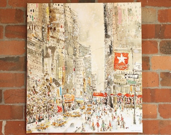 NEW YORK Canvas, Large Wall Art Usa, Holiday Painting, Snow Street Scene, Macys Drawing NYC, Stretched Box Canvas, Apartment Giclee Print