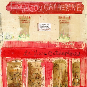 PARIS CAFE PICTURE, 11x14 Print, Maison Catherine, French Home Decor, Red Cafe Drawing, Paris Cafe Scene, City Sketch, Watercolour Painting