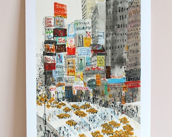 TIMES SQUARE NYC, New York Art Print, Signed Giclee Print, Watercolor Painting, Manhattan Taxis, Skyscrapers Wall Art, City Sketch Drawing