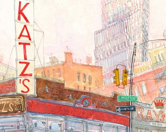 KATZ DELI New York, 8X10 Giclee Print, Watercolor Painting, NYC Delicatessen, New York Cafe, Manhattan Diner, One Way Sign, Travel City Art