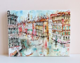 VENICE CANVAS ART, 16" x 12" Grand Canal Venice, Watercolor Painting, Venice Wall Art, Italy Home Decor, View Rialto Bridge, Clare Caulfield