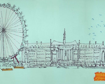 Grande toile LONDON EYE, roue du millénaire, 84 x 44 cm rive sud, Tamise, impression de ville d'Angleterre, art mural Londres, Clare Caulfield