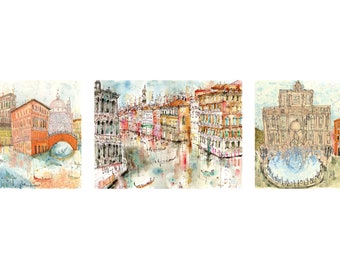 ITALY ART PRINTS, Set of 3 Prints, Venice and Rome Wall Art, Signed Artwork, Trevi Fountain Rome, Grand Canal Venice, Rome Italy Picture