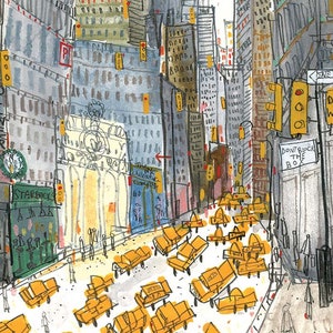 Impresión del EDIFICIO CHRYSLER de Nueva York, arte de Nueva York de 11 x 14, boceto de un rascacielos, dibujo de un taxi urbano, póster de EE. UU., imagen de Manhattan, lápiz de acuarela