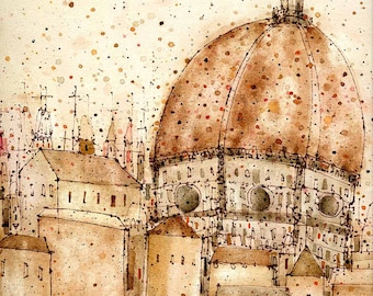 FLORENCE 11x14, Tuscany Wall Decor, Florence Cathedral, City Drawing, Duomo Watercolor, Tuscan Sketch, Italy City Painting, Architecture