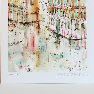May include: A watercolour painting of a canal in Venice, Italy. The painting features buildings with colourful facades and a gondola in the water. The artist's signature, "imelaureid", is visible in the bottom right corner. The painting is titled "Venice".
