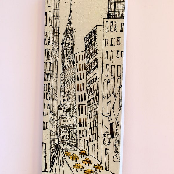 NEW YORK Canvas, NYC Art Print, Chrysler Building, Manhattan Picture, Stretched Giclee Canvas, New York Taxi, One Way Painting, City Drawing