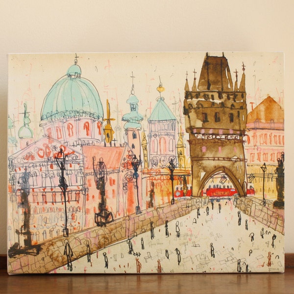 PRAGUE CHARLES BRIDGE, Sale 50% off, Canvas Print 8x10, Red Tram Czechia, Old Town Painting, Czech Republic Drawing, Clare Caulfield Sketch