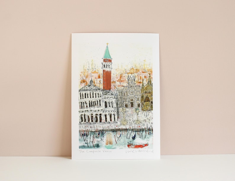 CAMPANILE VENICE ITALY Print, Signed Giclée Print, Watercolor Painting, Clare Caulfield, Venice Wall Art, Piazza San Marco, St Marks Drawing image 1