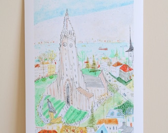 REYKJAVIK ICELAND PRINT Hallgrimskirkja Reykjavik Church Art, Signed Giclée Print, Watercolour Painting, Clare Caulfield, Icelandic Wall Art