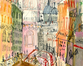 VENICE BRIDGE CANVAS, Stretched Canvas Print, San Barnaba Sketch, Watercolour Painting, Italy Drawing, Church Sketch, Gondola Picture