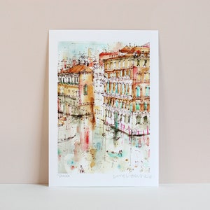 May include: Watercolour painting of a canal in Venice, Italy. The painting features buildings with colourful facades and reflections in the water. The text "Venice" and "melawred" are visible in the bottom right corner.