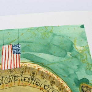 May include: A watercolor painting of an American flag hanging from the ceiling of a room with a green and gold patterned ceiling. The flag is red, white, and blue.