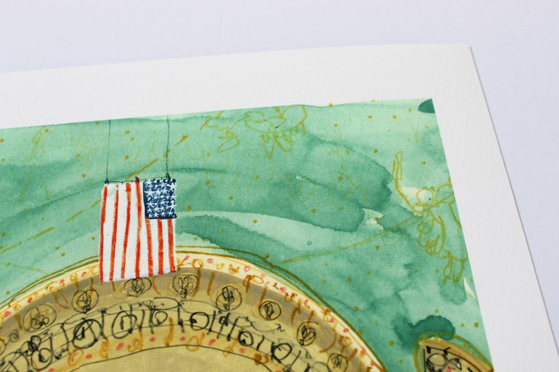 May include: A watercolor painting of an American flag hanging from the ceiling of a room with a green and gold patterned ceiling. The flag is red, white, and blue.