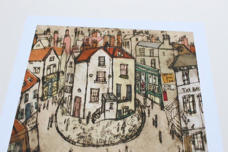 May include: A watercolor illustration of a street scene in a small town. The buildings are drawn in a whimsical style with brown, white, and red brick. The street is lined with shops and houses, and there are people walking around. The illustration is done in a muted color palette, with shades of brown, gray, and white.